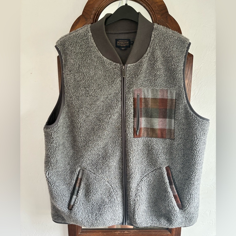 Pendleton Gray Sherpa Vest with Plaid Accents